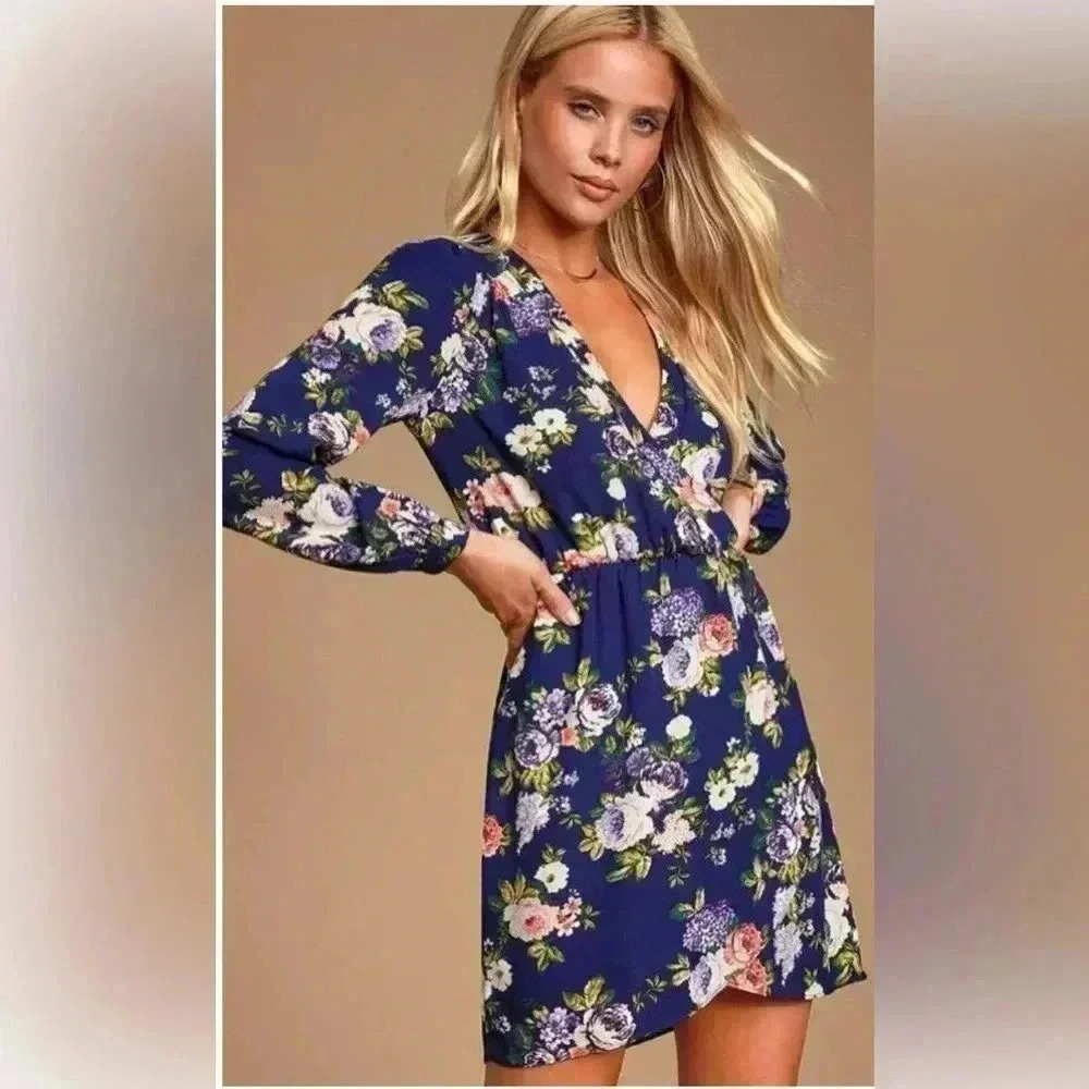 Lulus Floral Wrap Mini Dress Navy Blue Long Sleeve Surplice M